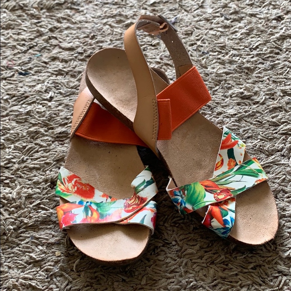 Orange Tropical Print Flat Sandals